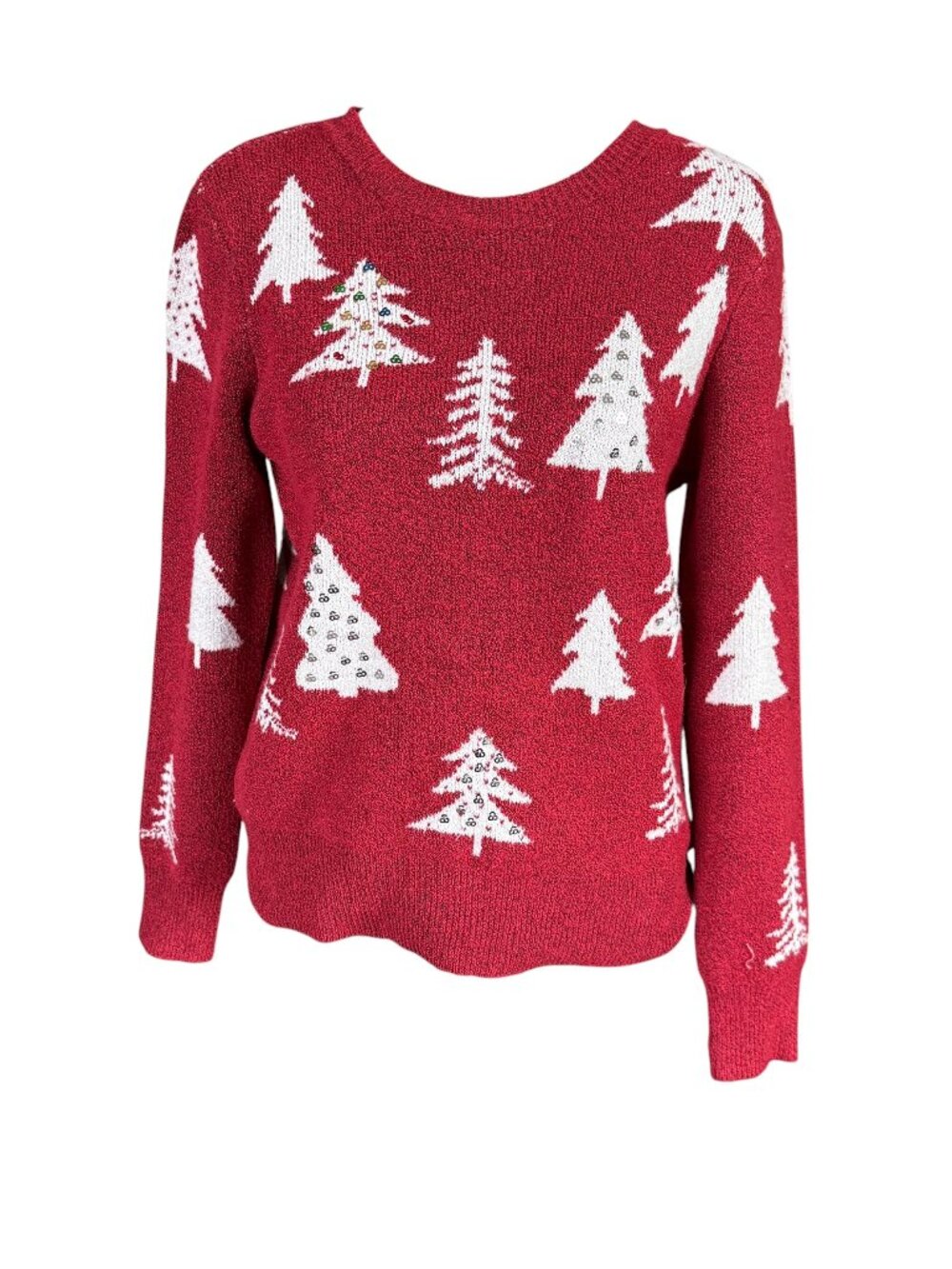 Holiday Time women's red winter tree long sleeve crewneck sequin sweater S